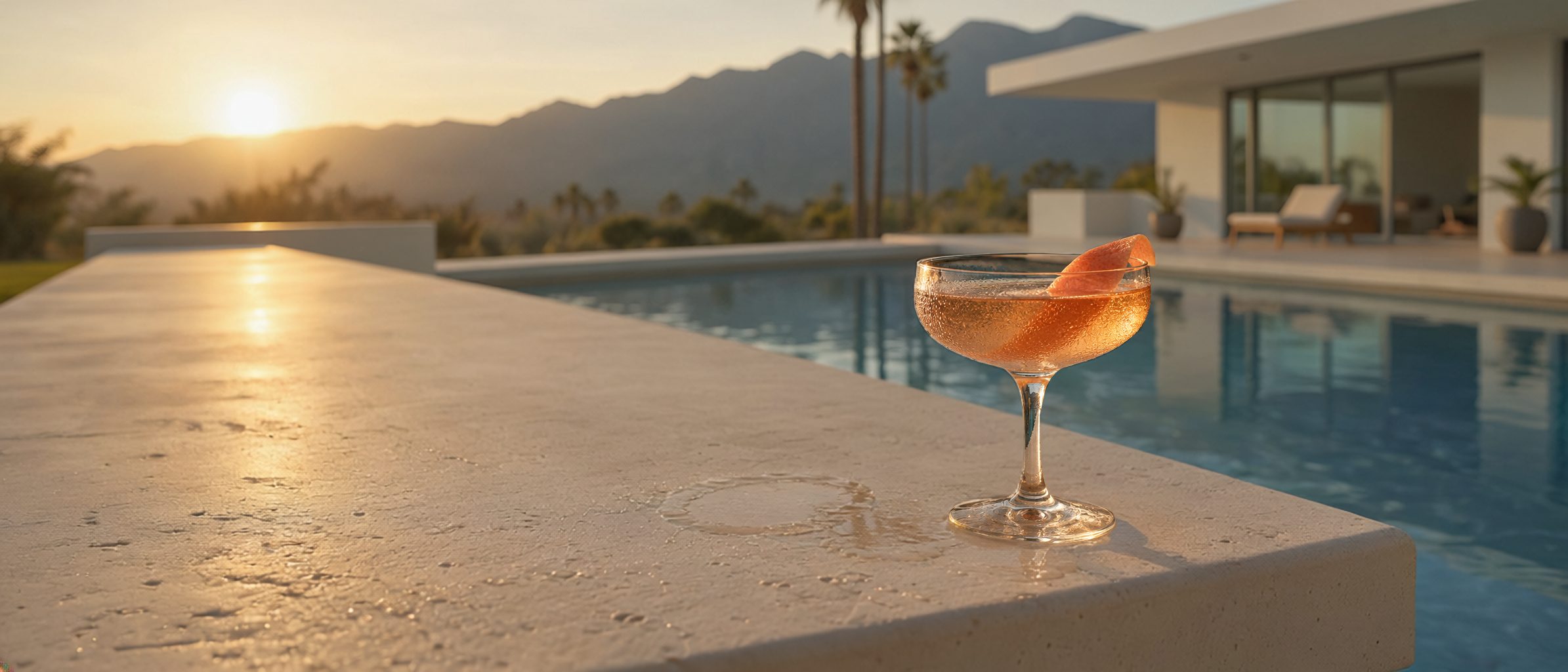 A coupe glass of amber cocktail with a grapefruit twist on a sunlit stone ledge beside a pool, a modern house and palms beyond, the sun setting over desert mountains.